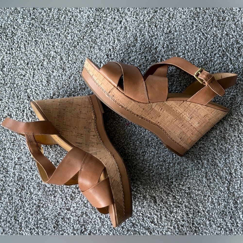 Franco Sarto cork wedge sandal size 11. Cognac, leather upper. - Picture 4 of 9